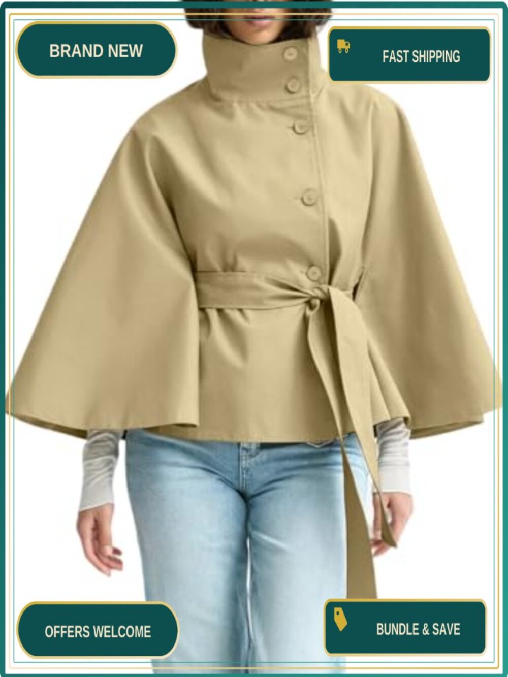 Womens Cropped Trench Coat Batwing Sleeve Cape Jacket with Belt